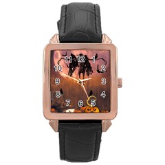 Halloween Design With Scarecrow, Crow And Pumpkin Rose Gold Leather Watch 