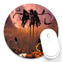 Halloween Design With Scarecrow, Crow And Pumpkin Round Mousepads