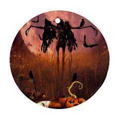 Halloween Design With Scarecrow, Crow And Pumpkin Ornament (round) by FantasyWorld7