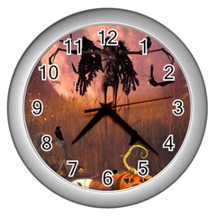 Halloween Design With Scarecrow, Crow And Pumpkin Wall Clocks (Silver) 