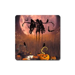 Halloween Design With Scarecrow, Crow And Pumpkin Square Magnet by FantasyWorld7