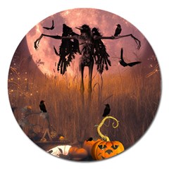 Halloween Design With Scarecrow, Crow And Pumpkin Magnet 5  (round) by FantasyWorld7