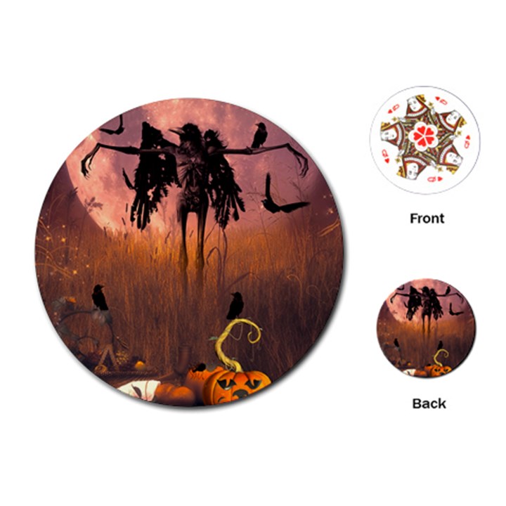 Halloween Design With Scarecrow, Crow And Pumpkin Playing Cards (Round) 