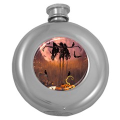 Halloween Design With Scarecrow, Crow And Pumpkin Round Hip Flask (5 Oz) by FantasyWorld7