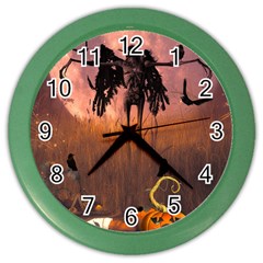 Halloween Design With Scarecrow, Crow And Pumpkin Color Wall Clocks