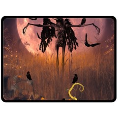 Halloween Design With Scarecrow, Crow And Pumpkin Fleece Blanket (large)  by FantasyWorld7