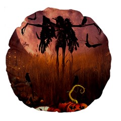 Halloween Design With Scarecrow, Crow And Pumpkin Large 18  Premium Round Cushions