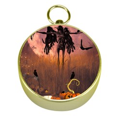 Halloween Design With Scarecrow, Crow And Pumpkin Gold Compasses by FantasyWorld7