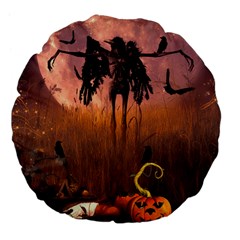 Halloween Design With Scarecrow, Crow And Pumpkin Large 18  Premium Flano Round Cushions by FantasyWorld7