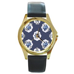 Shabby Chic Navy Blue Round Gold Metal Watch by NouveauDesign