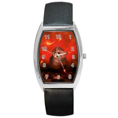 Cute Little Kitten, Red Background Barrel Style Metal Watch by FantasyWorld7