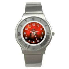 Cute Little Kitten, Red Background Stainless Steel Watch