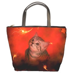 Cute Little Kitten, Red Background Bucket Bags by FantasyWorld7