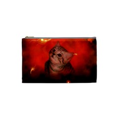 Cute Little Kitten, Red Background Cosmetic Bag (small)  by FantasyWorld7