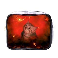 Cute Little Kitten, Red Background Mini Toiletries Bags by FantasyWorld7