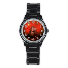 Cute Little Kitten, Red Background Stainless Steel Round Watch by FantasyWorld7