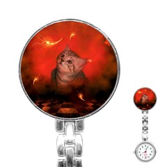 Cute Little Kitten, Red Background Stainless Steel Nurses Watch by FantasyWorld7