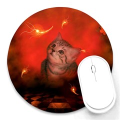 Cute Little Kitten, Red Background Round Mousepads by FantasyWorld7