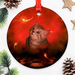 Cute Little Kitten, Red Background Ornament (round) by FantasyWorld7