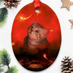 Cute Little Kitten, Red Background Ornament (oval) by FantasyWorld7