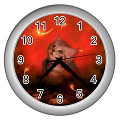 Cute Little Kitten, Red Background Wall Clocks (silver)  by FantasyWorld7