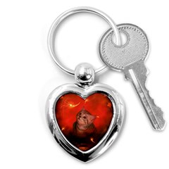 Cute Little Kitten, Red Background Key Chains (heart)  by FantasyWorld7