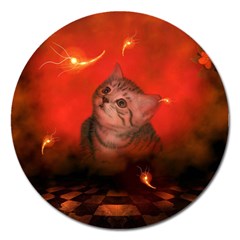 Cute Little Kitten, Red Background Magnet 5  (round) by FantasyWorld7