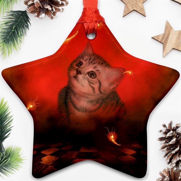 Cute Little Kitten, Red Background Star Ornament (Two Sides)