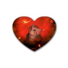 Cute Little Kitten, Red Background Rubber Coaster (heart)  by FantasyWorld7