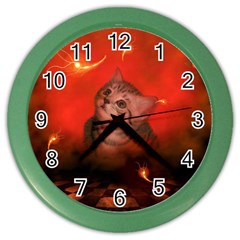 Cute Little Kitten, Red Background Color Wall Clocks by FantasyWorld7