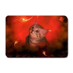 Cute Little Kitten, Red Background Small Doormat  by FantasyWorld7