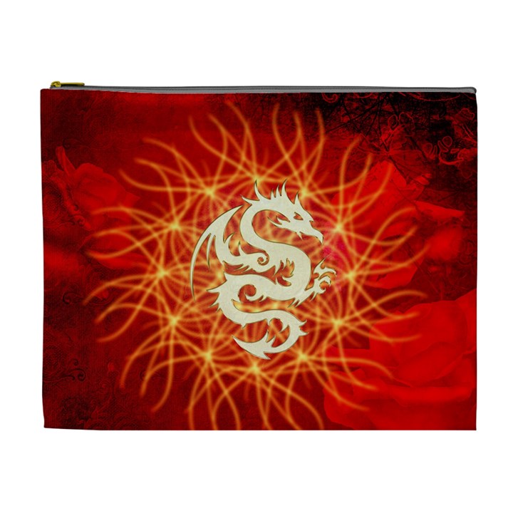 Wonderful Golden Dragon On Red Vintage Background Cosmetic Bag (XL)