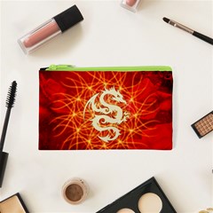 Wonderful Golden Dragon On Red Vintage Background Cosmetic Bag (xs) by FantasyWorld7