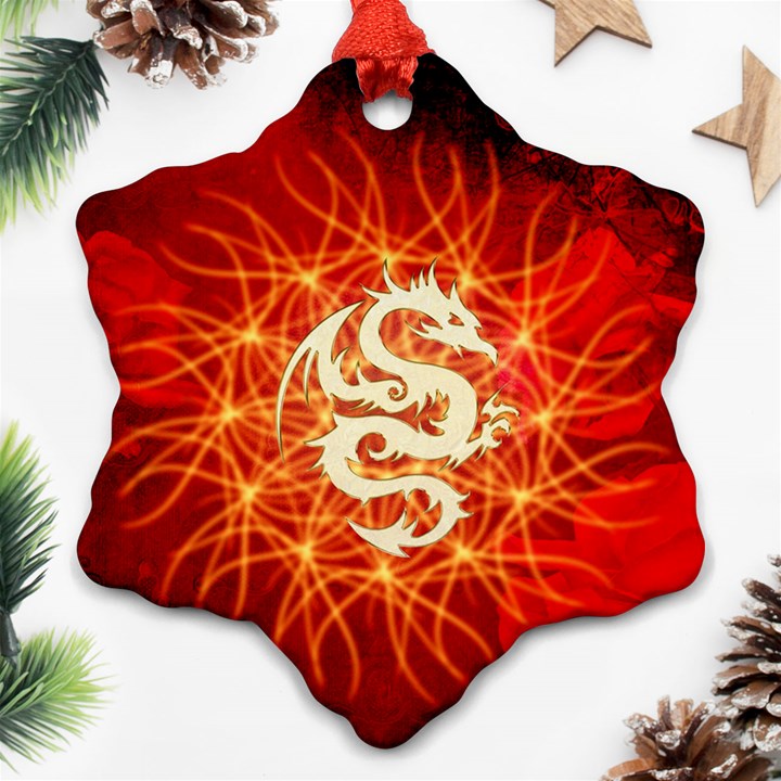 Wonderful Golden Dragon On Red Vintage Background Ornament (Snowflake)