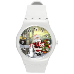 Sanata Claus With Snowman And Christmas Tree Round Plastic Sport Watch (m) by FantasyWorld7