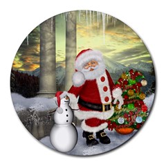 Sanata Claus With Snowman And Christmas Tree Round Mousepads by FantasyWorld7