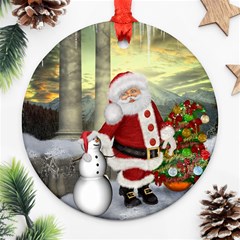 Sanata Claus With Snowman And Christmas Tree Round Ornament (two Sides) by FantasyWorld7