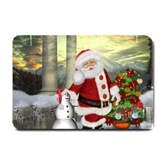 Sanata Claus With Snowman And Christmas Tree Small Doormat  by FantasyWorld7