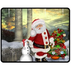 Sanata Claus With Snowman And Christmas Tree Fleece Blanket (medium)  by FantasyWorld7