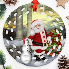 Sanata Claus With Snowman And Christmas Tree Round Filigree Ornament (two Sides) by FantasyWorld7