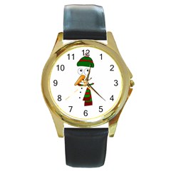 Cute Snowman Round Gold Metal Watch by Valentinaart