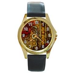 Noble Steampunk Design, Clocks And Gears With Floral Elements Round Gold Metal Watch by FantasyWorld7