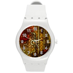 Noble Steampunk Design, Clocks And Gears With Floral Elements Round Plastic Sport Watch (m) by FantasyWorld7