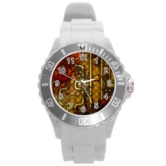 Noble Steampunk Design, Clocks And Gears With Floral Elements Round Plastic Sport Watch (l) by FantasyWorld7