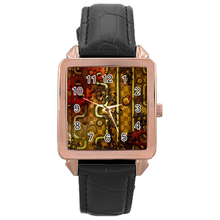 Noble Steampunk Design, Clocks And Gears With Floral Elements Rose Gold Leather Watch 