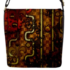 Noble Steampunk Design, Clocks And Gears With Floral Elements Flap Messenger Bag (s) by FantasyWorld7