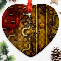 Noble Steampunk Design, Clocks And Gears With Floral Elements Ornament (heart) by FantasyWorld7