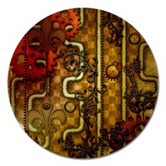 Noble Steampunk Design, Clocks And Gears With Floral Elements Magnet 5  (round) by FantasyWorld7