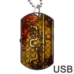 Noble Steampunk Design, Clocks And Gears With Floral Elements Dog Tag Usb Flash (two Sides) by FantasyWorld7