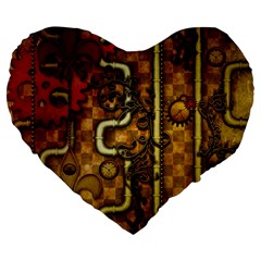 Noble Steampunk Design, Clocks And Gears With Floral Elements Large 19  Premium Flano Heart Shape Cushions by FantasyWorld7